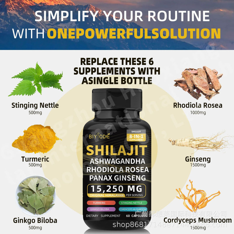 BIYODE 8-in-1 Shilajit Blend Capsules — Shilajit, Panax Ginseng, Ashwagandha, Rhodiola Rosea, Turmeric, Gingko Biloba, Stinging Nettle, and Cordyceps Mushroom (15250mg)