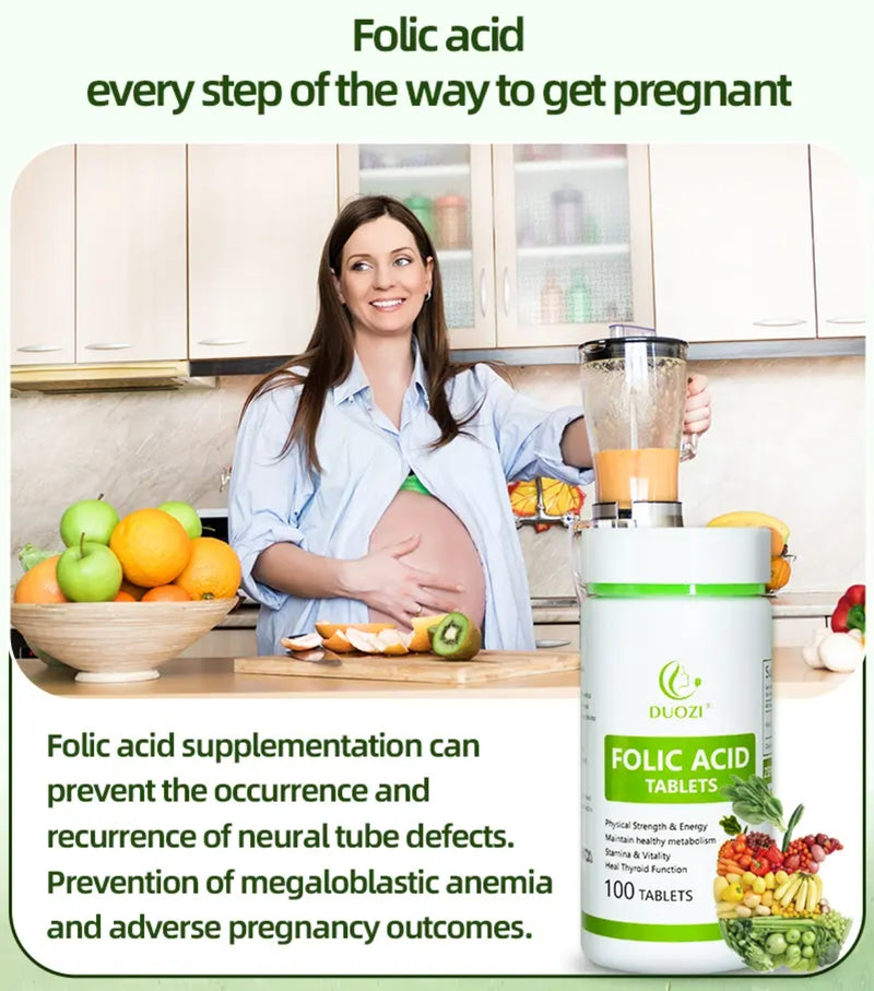 Folic Acid Tablet (100 tablets, 1200mg) | Dietary Supplement for Prenatal, Thyroid Function, Fertility, Energy, and Cell Growth