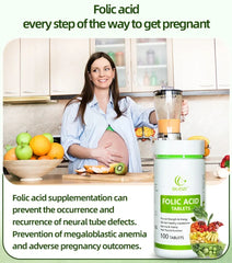 Folic Acid Tablet (100 tablets, 1200mg) | Dietary Supplement for Prenatal, Thyroid Function, Fertility, Energy, and Cell Growth