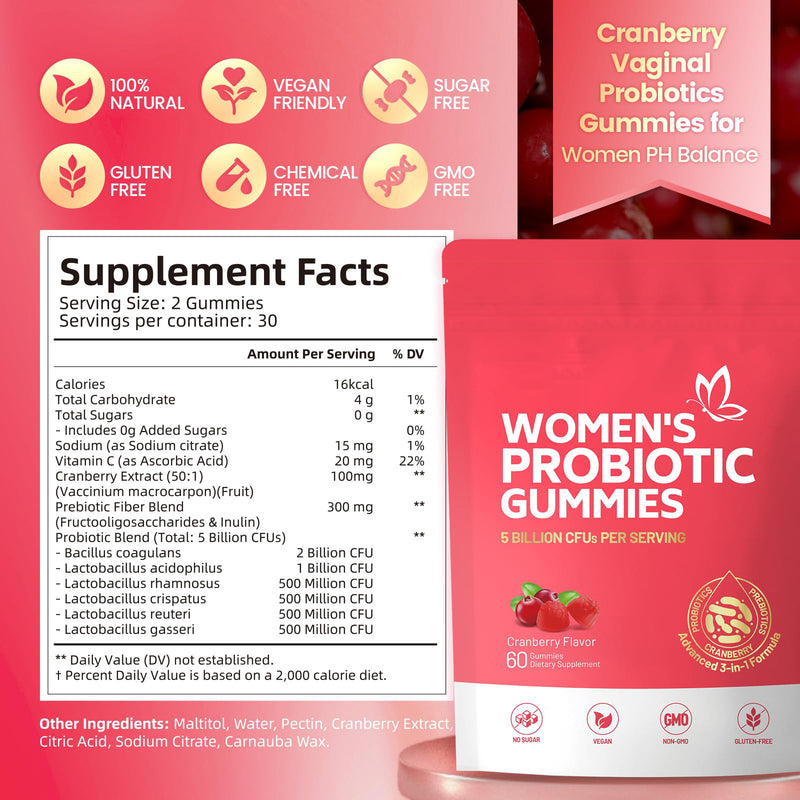 Women's Probiotic Gummies with Cranberry and Prebiotic Fiber (5 billion CFUs)
