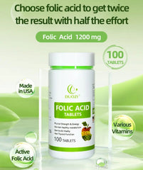 Folic Acid Tablet (100 tablets, 1200mg) | Dietary Supplement for Prenatal, Thyroid Function, Fertility, Energy, and Cell Growth