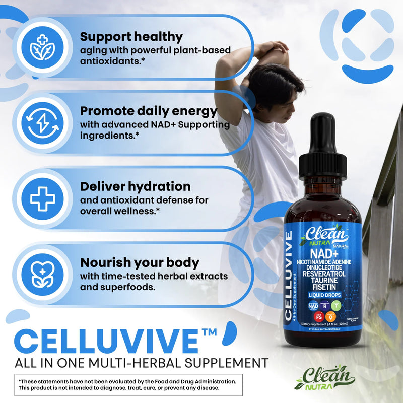 CELLUVIVE NAD+ Liquid Drops with Resveratrol, Taurine, Fisetin and Grape Seed (120ml, 30 servings) | Dietary Supplement for Healthy Aging, Cellular Energy, and Hydration Balance