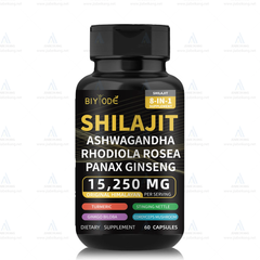 BIYODE 8-in-1 Shilajit Blend Capsules — Shilajit, Panax Ginseng, Ashwagandha, Rhodiola Rosea, Turmeric, Gingko Biloba, Stinging Nettle, and Cordyceps Mushroom (15250mg)
