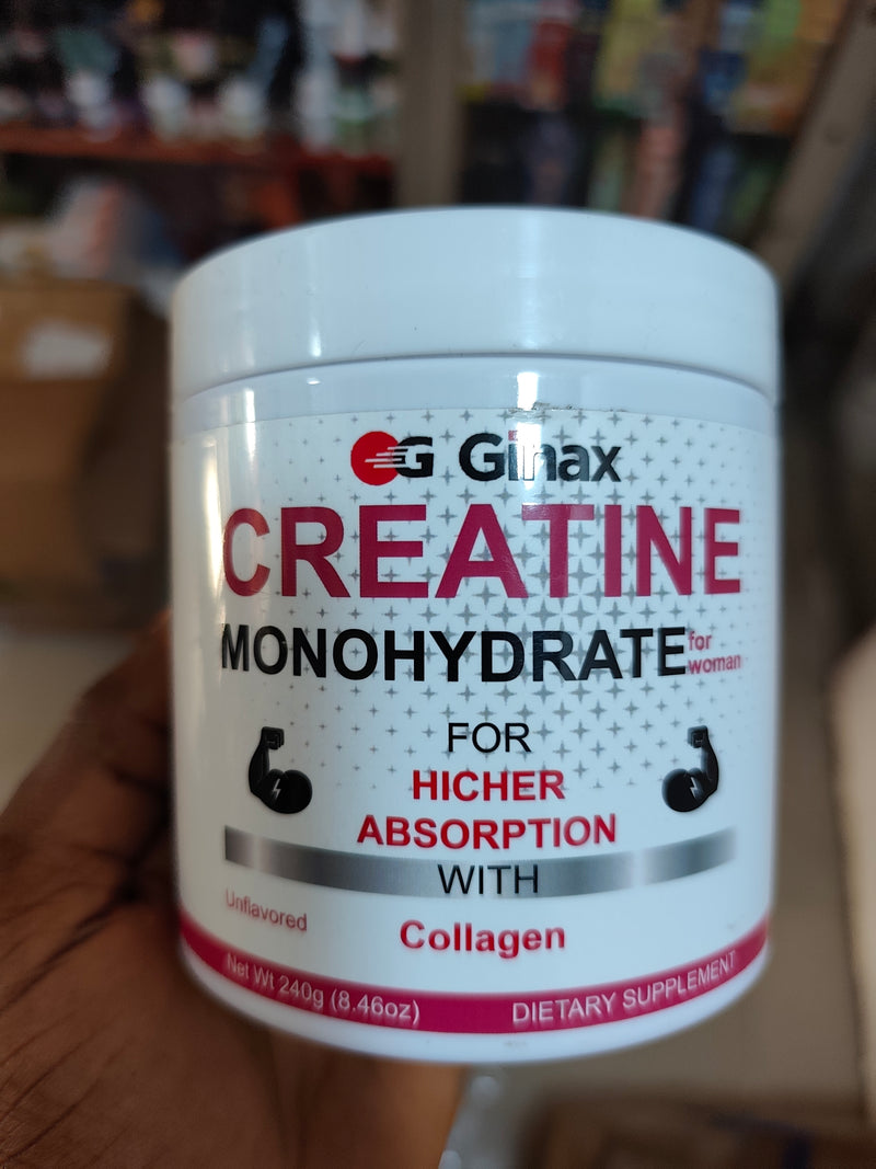 GINAX Creatine Monohydrate Powder for Women with Hydrolyzed Collagen and BCAA (240g size, 5g Creatine, 30 servings)