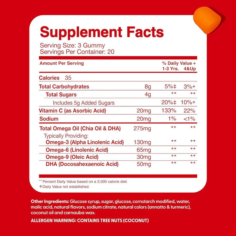 Omega + DHA Gummies for Kids with Omega-3, Omega-6, Omega-9, and Vitamin C (4+ years) | Dietary Supplement for Brain Development, Focus, and Heart Health