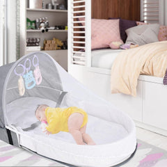 Portable and Foldable Baby Travel Bed with Mosquito Net and Toys (0-12 months, Grey) | Baby Crib and Storage Bag