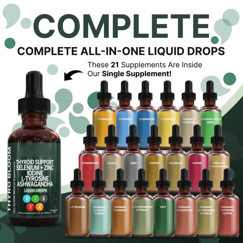 Thyroid Support Liquid Drops with Selenium, Iodine, L-Tyrosine and Ashwagandha (60ml, 15 servings)