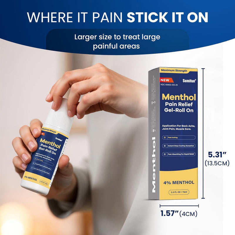 Menthol Pain Relief Gel-Roll On (4% Menthol, 74ml) | Topical Gel for Nerve, Muscle, Neck, Shoulder, Knee, and Back Pain Relief