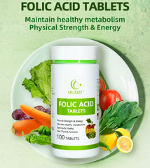 Folic Acid Tablet (100 tablets, 1200mg) | Dietary Supplement for Prenatal, Thyroid Function, Fertility, Energy, and Cell Growth