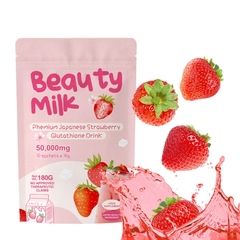 Beauty Milk Premium Japanese Strawberry Glutathione Drink (10×18g sachets, 50000mg) | Instant Powdered Milk Tea for Beauty and Wellness