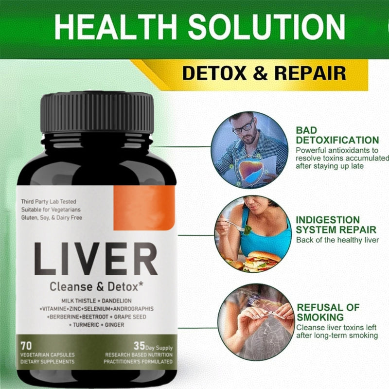 Liver Cleanse and Detox Capsules with Milk Thistle, Dandelion, Andrographis Paniculata, and Berberine (70 capsules, 250mg milk thistle)
