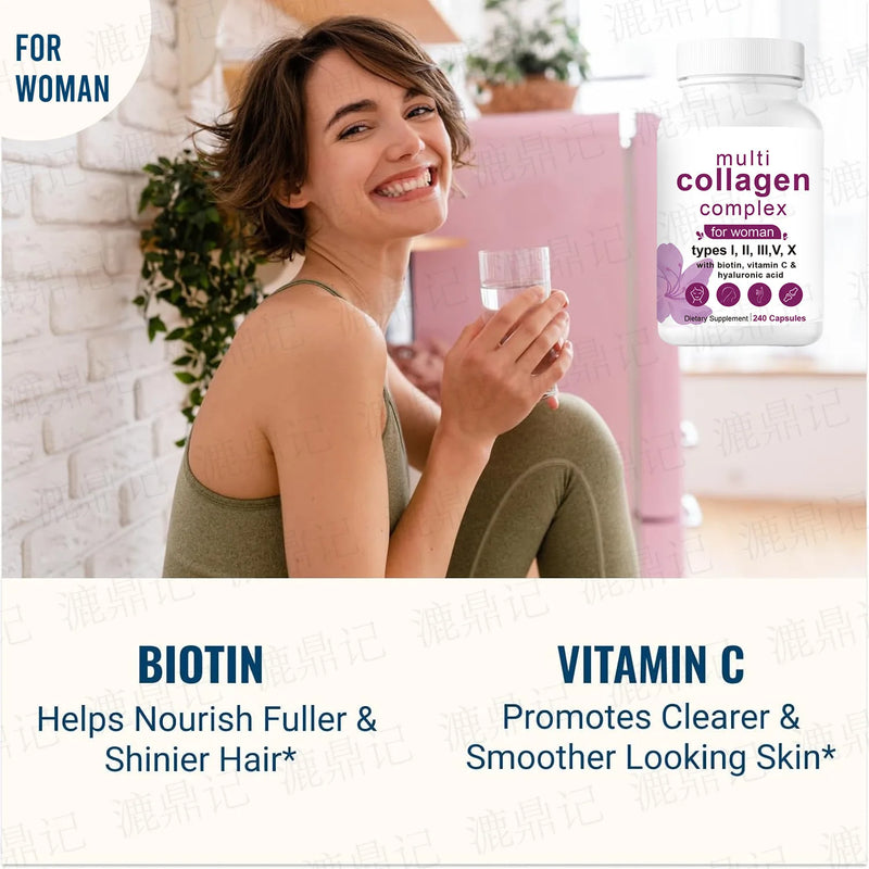 Multi-Collagen Complex Capsules for Women (Types I, II, III, V and X) with Biotin, Vitamin C and Hyaluronic Acid (240 capsules, 1100mg collagen)