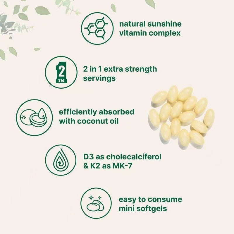 Vitamin D3 + K2 Capsules (300 softgels, 10000IU Vitamin D3, 200mcg Vitamin K2)