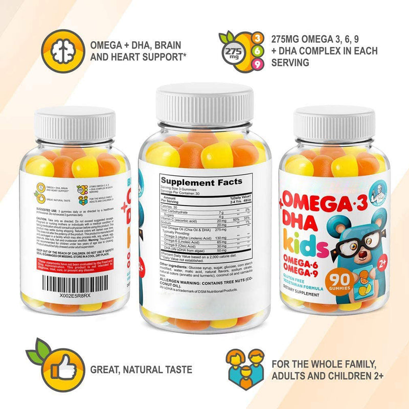 Brain Support Omega-3 + DHA Gummies for Kids with Omega-6, Omega-9, and Vitamin C (2+ years) | Dietary Supplement for Brain Development and Heart Health