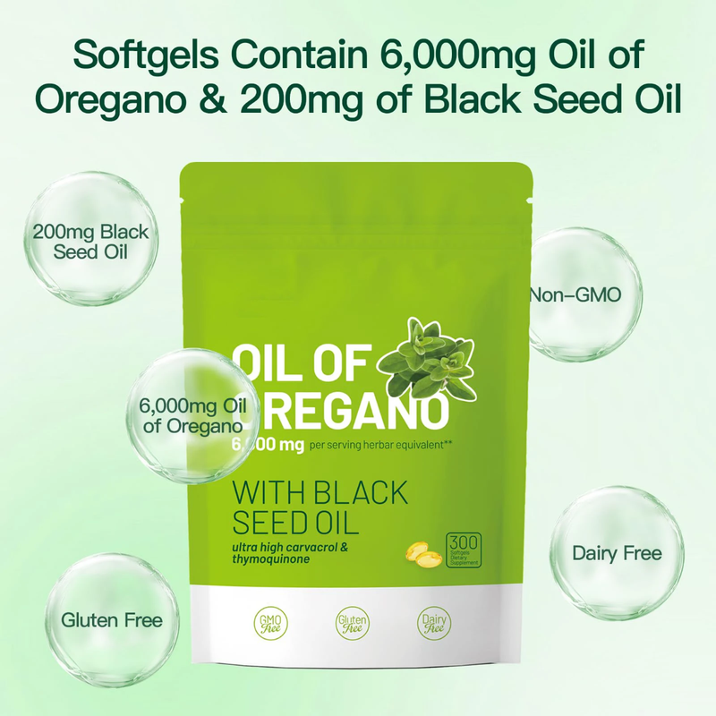 Oil of Oregano Capsules with Black Seed Oil (300 softgels, 6000mg oil of oregano, 200mg black seed oil)