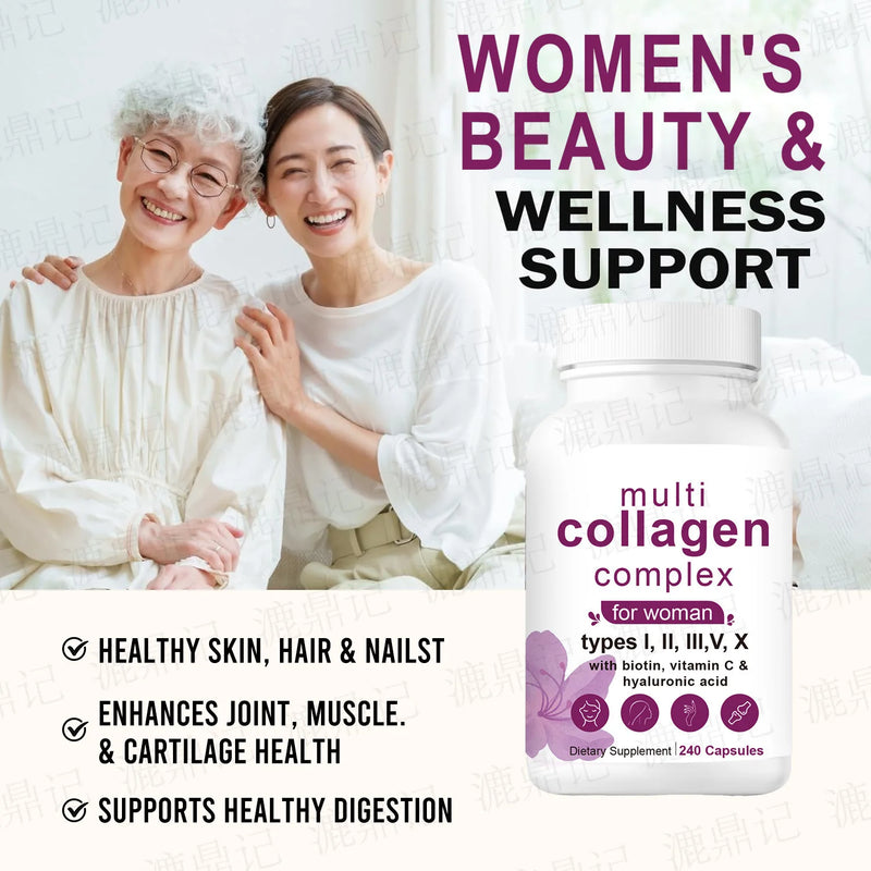 Multi-Collagen Complex Capsules for Women (Types I, II, III, V and X) with Biotin, Vitamin C and Hyaluronic Acid (240 capsules, 1100mg collagen)