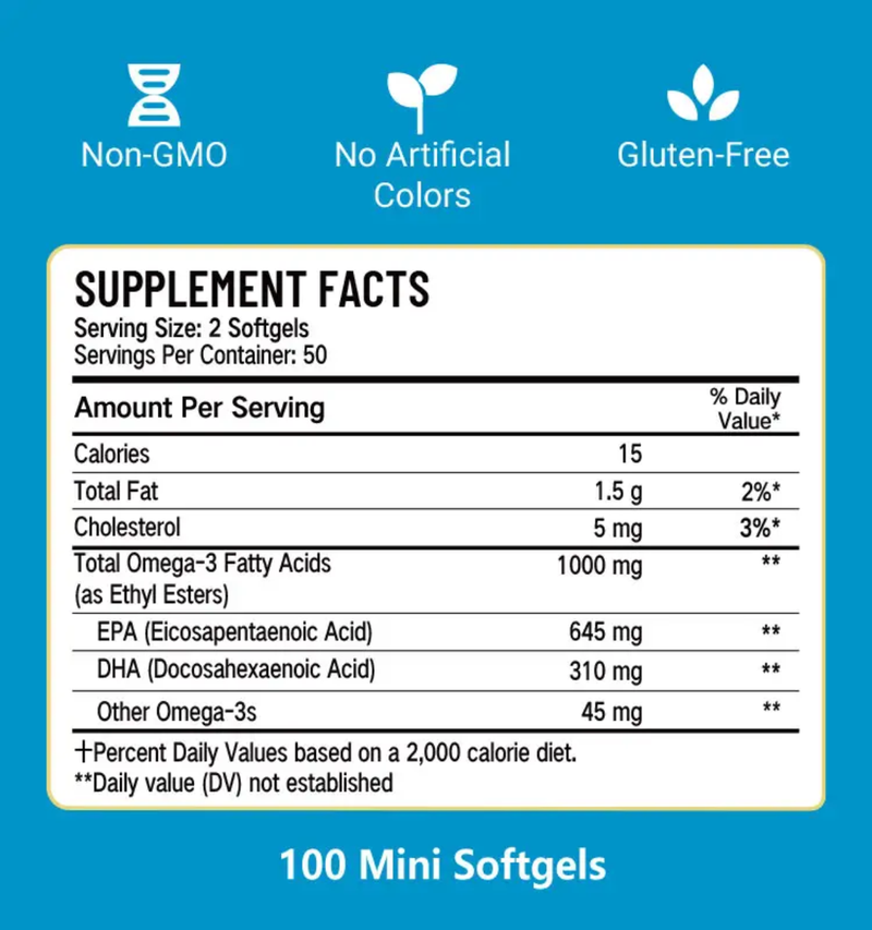 Omega-3 Fish Oil Capsules with EPA and DHA (100 softgels, 1000mg) | Dietary Supplement for Cardiovascular, Brain, Eye, Skin, Mood, and Inflammation