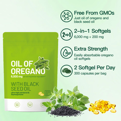 Oil of Oregano Capsules with Black Seed Oil (300 softgels, 6000mg oil of oregano, 200mg black seed oil)