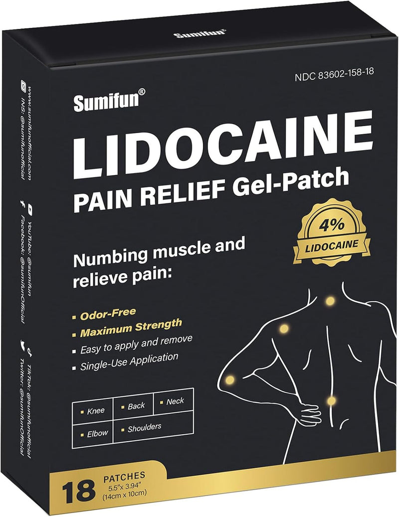Lidocaine Pain Relief Gel-Patch (4% Lidocaine, 18 patches) | Medicated Patch for Body Aches and Pains