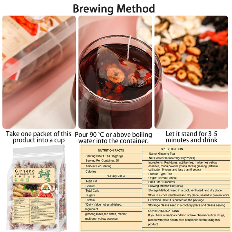 Ginseng Five Treasure Tea with Red Date, Goji Berries, Maca, Yellow Essence, and Mulberries (10g*25 teabags)