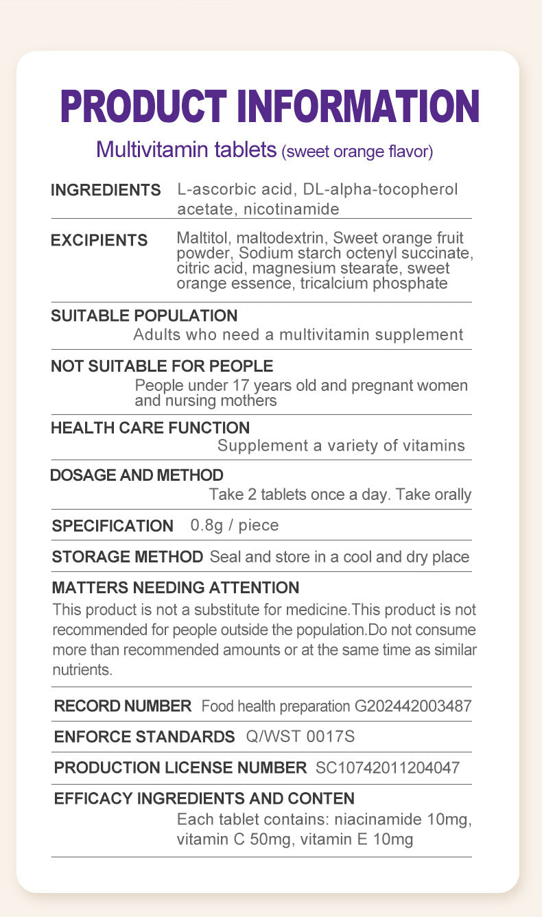 Multivitamin Tablets with Vitamin C, Niacinamide, and Vitamin E (Orange flavour)