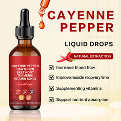 VASCU FLOW Cayenne Pepper Liquid Drops with Hawthorn, Beet Root, Turmeric, and Vitamins K2 & D3 (60ml)
