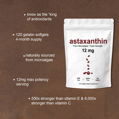 Astaxanthin Capsules (120 softgels, 12mg, from Microalgae)