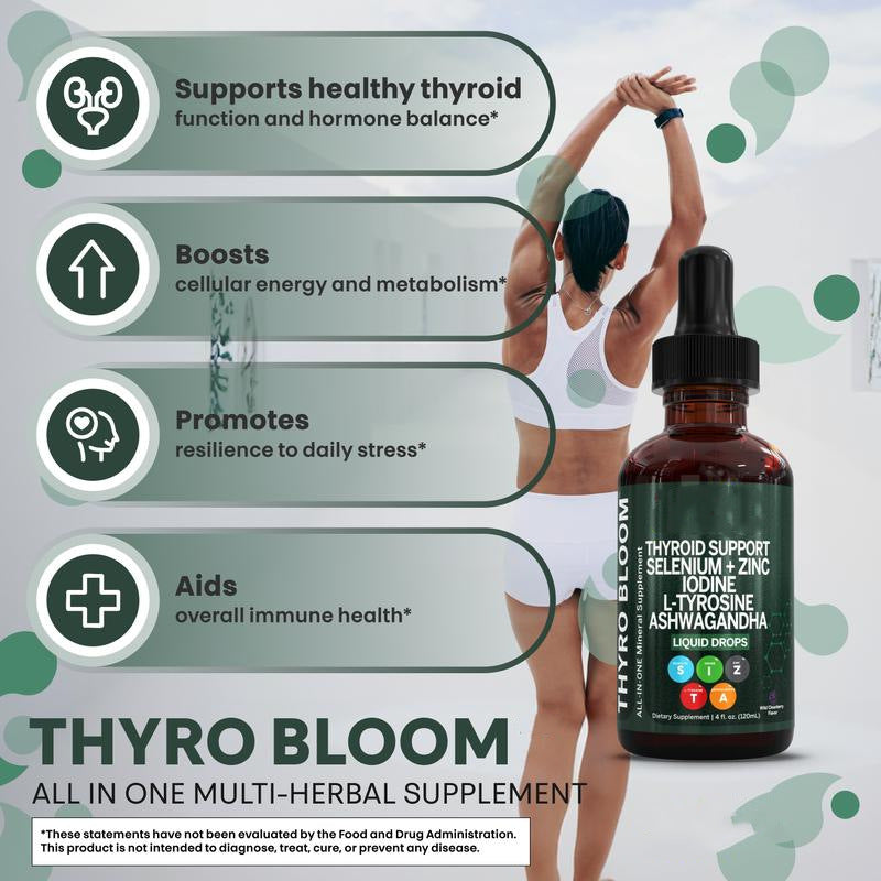 Thyroid Support Liquid Drops with Selenium, Iodine, L-Tyrosine and Ashwagandha (60ml, 15 servings)