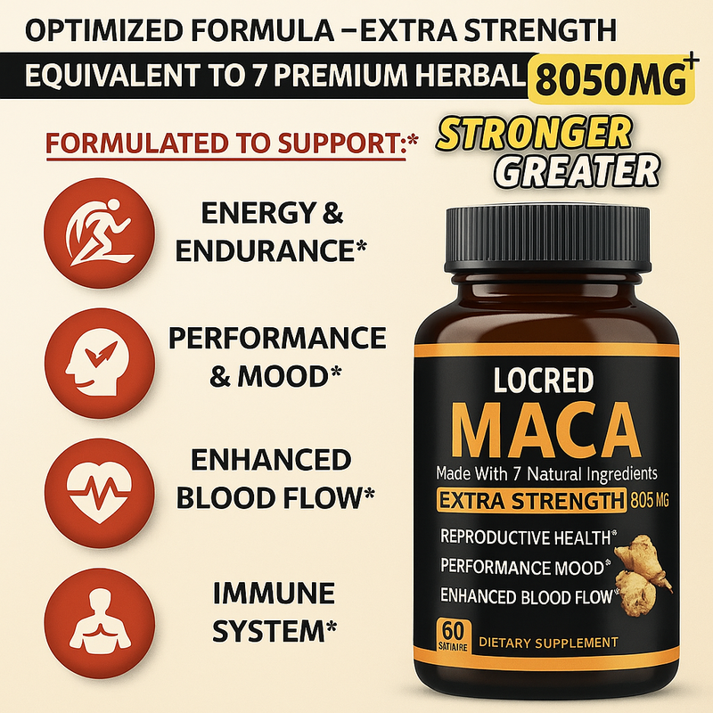 LOCRED Maca Capsule with Ashwagandha, Ginseng, Tribulus Terrestris, Shilajit, and Shatavari (8050mg)