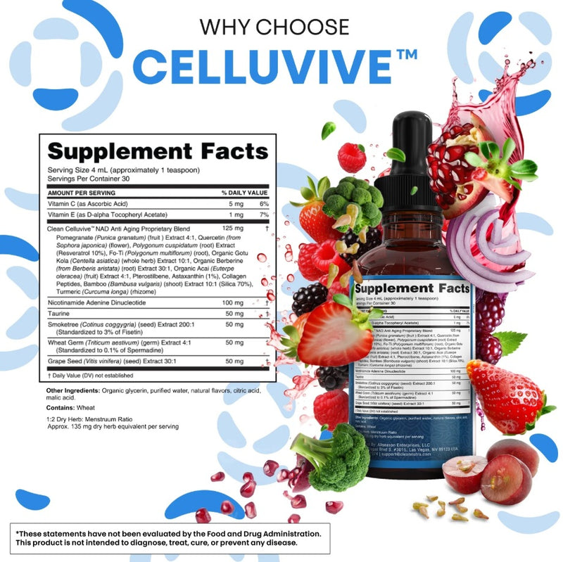 CELLUVIVE NAD+ Liquid Drops with Resveratrol, Taurine, Fisetin and Grape Seed (120ml, 30 servings) | Dietary Supplement for Healthy Aging, Cellular Energy, and Hydration Balance