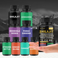 BIYODE 8-in-1 Shilajit Blend Capsules — Shilajit, Panax Ginseng, Ashwagandha, Rhodiola Rosea, Turmeric, Gingko Biloba, Stinging Nettle, and Cordyceps Mushroom (15250mg)