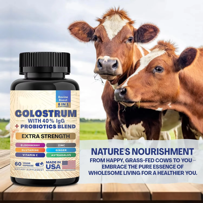 Grass-fed Bovine Colostrum Capsule with 40% Immunoglobulins G, L-Glutamine, Astragalus, Elderberry, and Probiotics (5250mg) | Dietary Supplement for Immunity, Energy, Digestion, and Mood