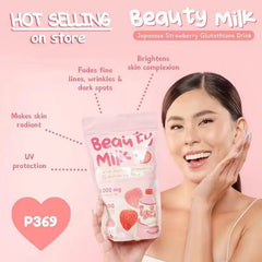 Beauty Milk Premium Japanese Strawberry Glutathione Drink (10×18g sachets, 50000mg) | Instant Powdered Milk Tea for Beauty and Wellness