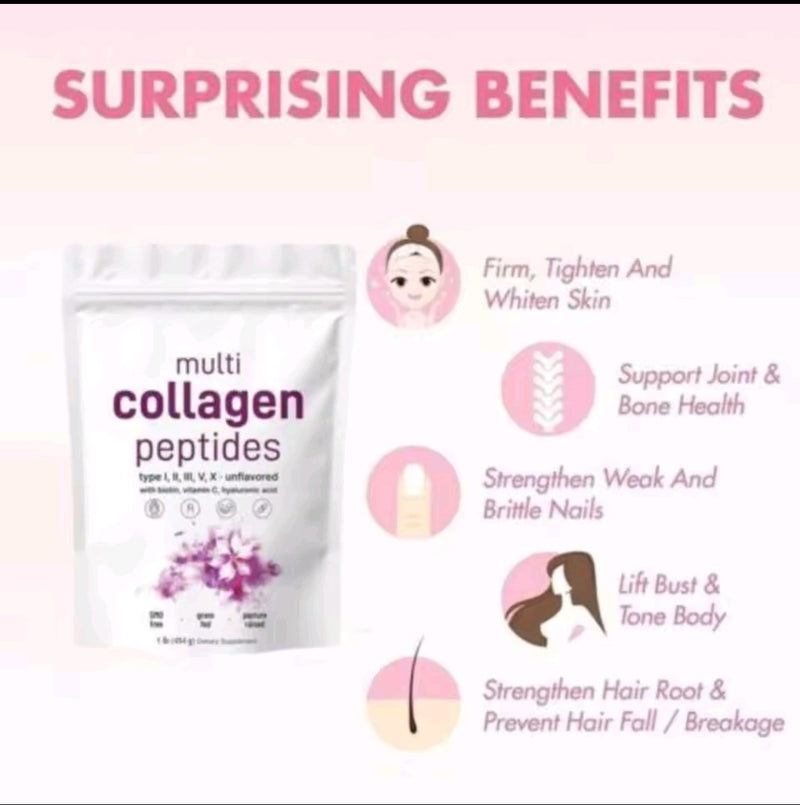Multi-Collagen Peptides Powder (Type I, II, III, V, X) with Biotin, Vitamin C, and Hyaluronic Acid (454g size, 10880mg Collagen)