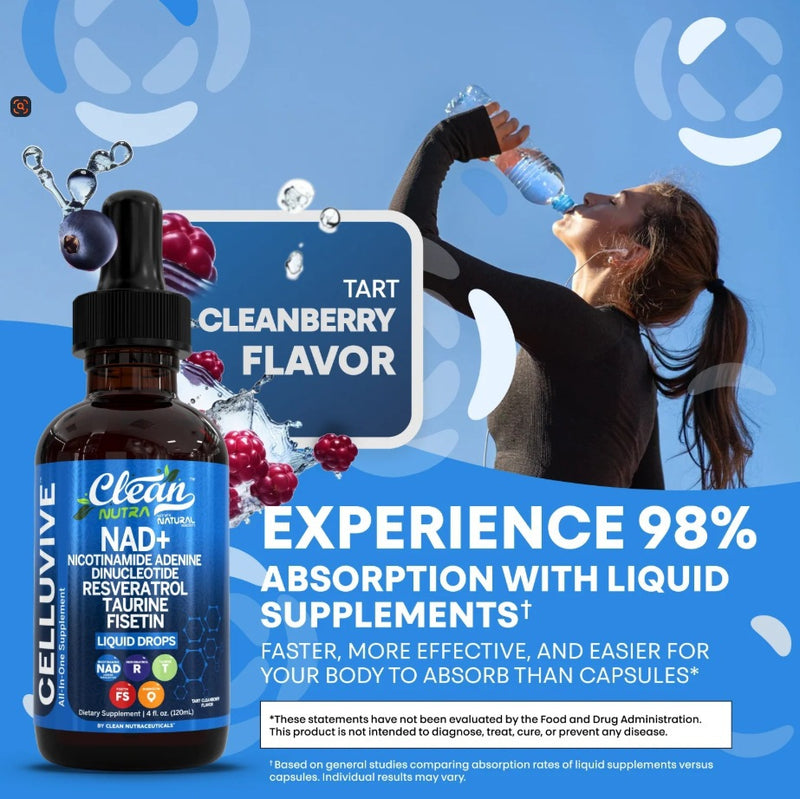 CELLUVIVE NAD+ Liquid Drops with Resveratrol, Taurine, Fisetin and Grape Seed (120ml, 30 servings) | Dietary Supplement for Healthy Aging, Cellular Energy, and Hydration Balance