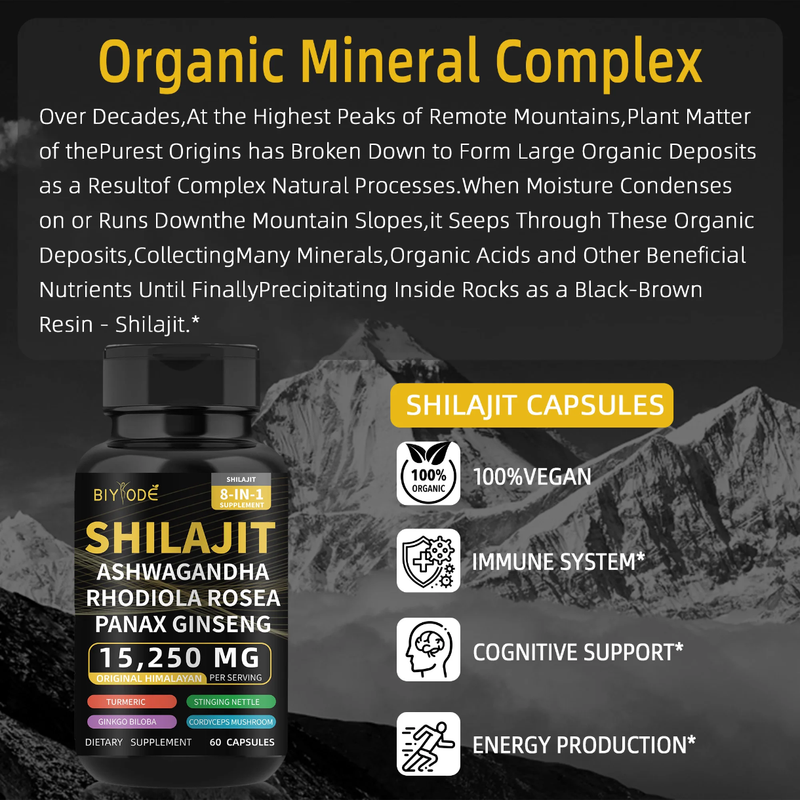 BIYODE 8-in-1 Shilajit Blend Capsules — Shilajit, Panax Ginseng, Ashwagandha, Rhodiola Rosea, Turmeric, Gingko Biloba, Stinging Nettle, and Cordyceps Mushroom (15250mg)