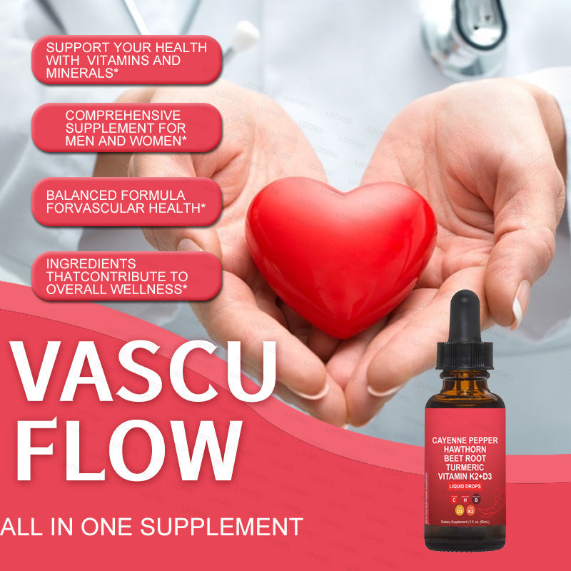 VASCU FLOW Cayenne Pepper Liquid Drops with Hawthorn, Beet Root, Turmeric, and Vitamins K2 & D3 (60ml)