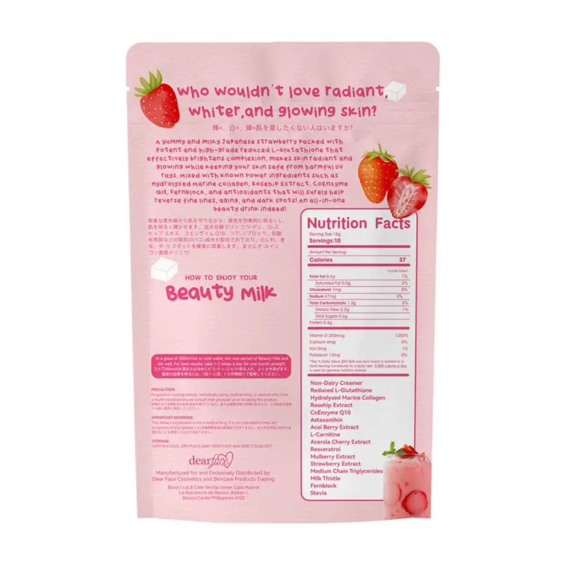 Beauty Milk Premium Japanese Strawberry Glutathione Drink (10×18g sachets, 50000mg) | Instant Powdered Milk Tea for Beauty and Wellness