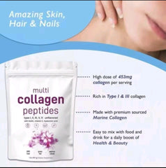 Multi-Collagen Peptides Powder (Type I, II, III, V, X) with Biotin, Vitamin C, and Hyaluronic Acid (454g size, 10880mg Collagen)