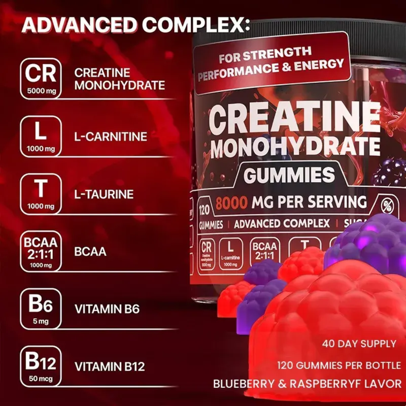 Creatine Monohydrate Gummies with L-Carnitine, BCAA, and Taurine (120 gummies, 8000mg)