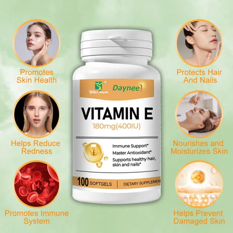 Vitamin E Capsule (100 softgels, 180mg) | Dietary Supplement for Skin, Immunity, Eye, Heart, and Antioxidant Protection