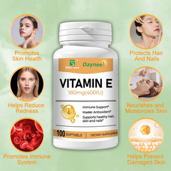 Vitamin E Capsule (100 softgels, 180mg) | Dietary Supplement for Skin, Immunity, Eye, Heart, and Antioxidant Protection