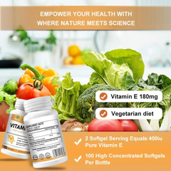 Vitamin E Capsule (100 softgels, 180mg) | Dietary Supplement for Skin, Immunity, Eye, Heart, and Antioxidant Protection