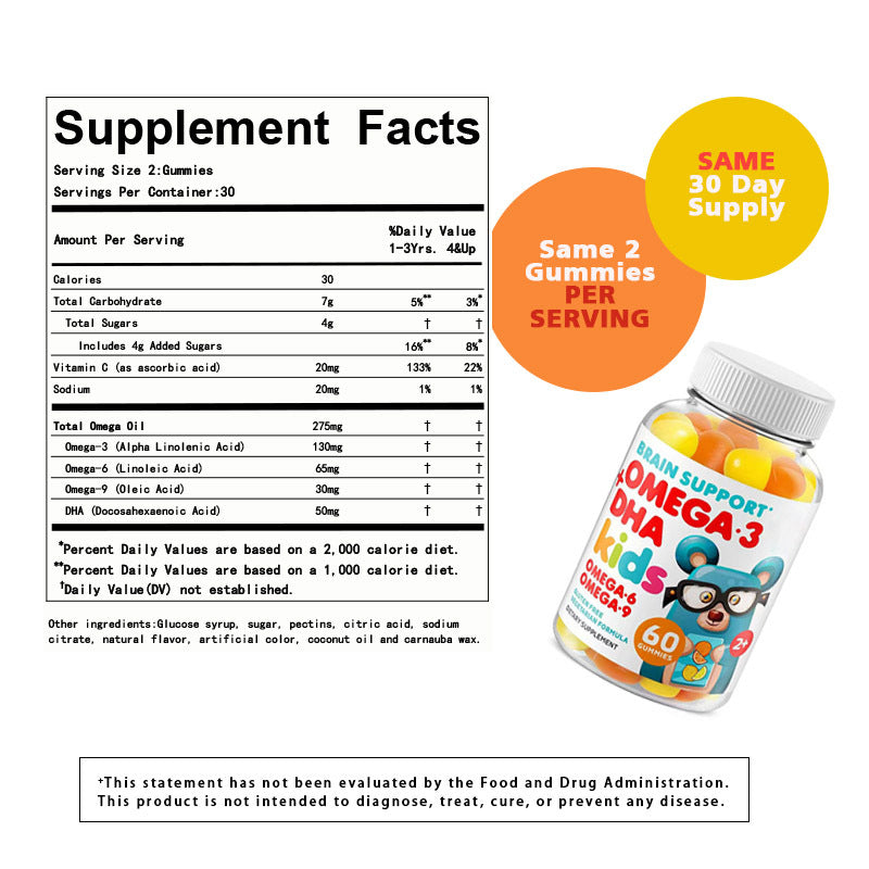 Brain Support Omega-3 + DHA Gummies for Kids with Omega-6, Omega-9, and Vitamin C (2+ years) | Dietary Supplement for Brain Development and Heart Health