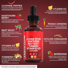 VASCU FLOW Cayenne Pepper Liquid Drops with Hawthorn, Beet Root, Turmeric, and Vitamins K2 & D3 (60ml)