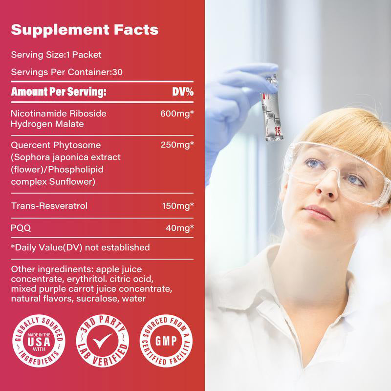 NAD+ (Nicotinamide Riboside) Drink with Quercetin, Resveratrol, and PQQ (30 sachets, 1000mg)