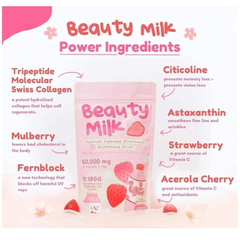 Beauty Milk Premium Japanese Strawberry Glutathione Drink (10×18g sachets, 50000mg) | Instant Powdered Milk Tea for Beauty and Wellness
