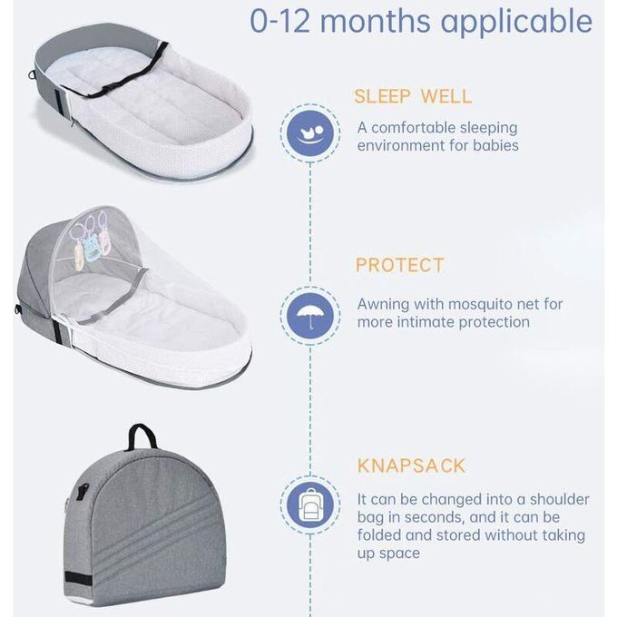 Portable and Foldable Baby Travel Bed with Mosquito Net and Toys (0-12 months, Grey) | Baby Crib and Storage Bag