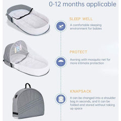 Portable and Foldable Baby Travel Bed with Mosquito Net and Toys (0-12 months, Grey) | Baby Crib and Storage Bag